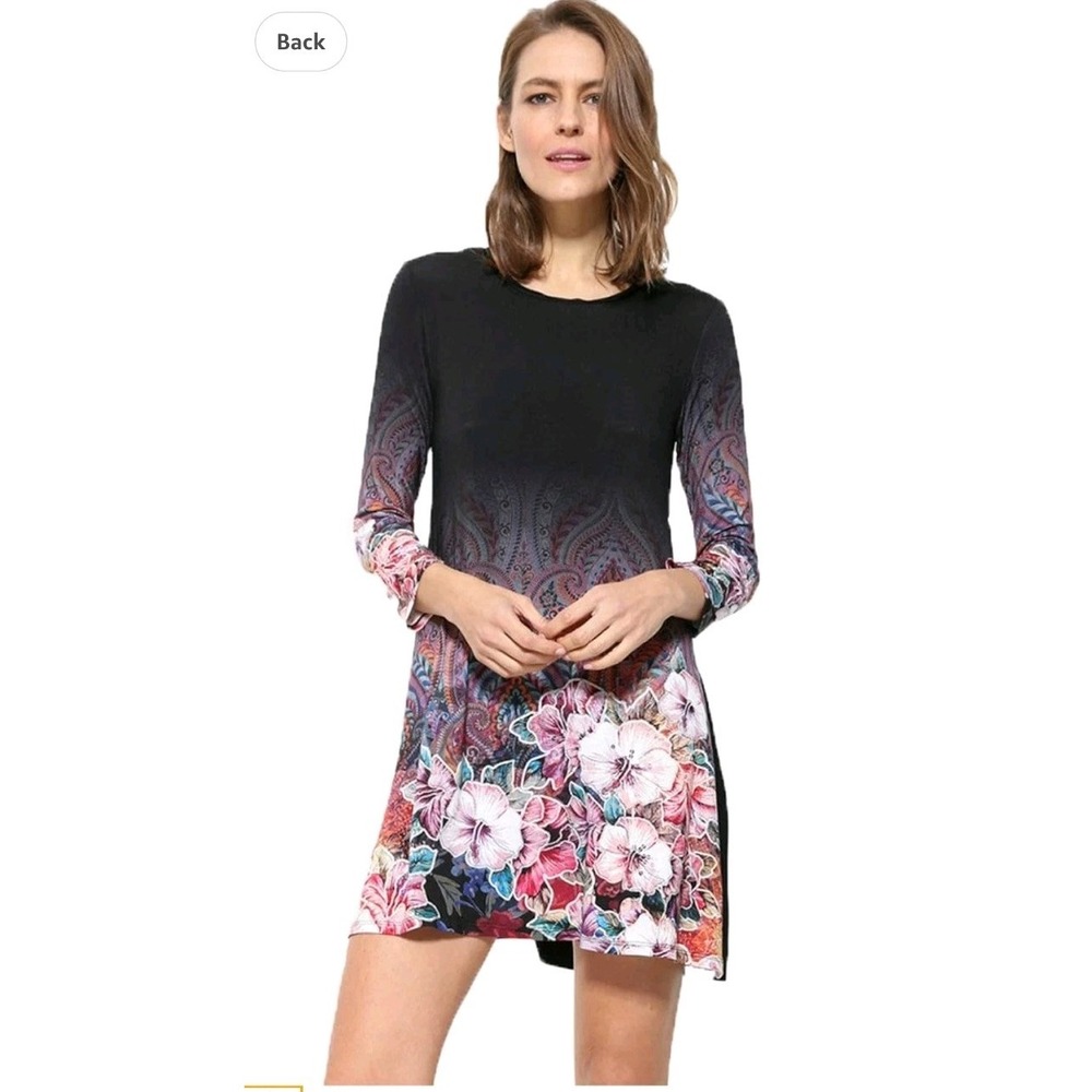 Desigual Ombre Multicolor Floral Tunic Dress Sequin Viscose Art To Wear S Boho